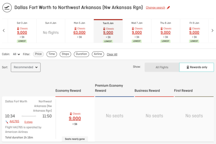 Qantas awards on AA from DFW to XNA