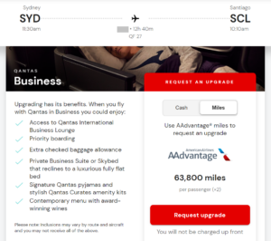 Screenshot of AAdvantage mileage upgrade on Qantas from Sydney (SYD) to Santiago (SCL) for 63,800 AAdvantage miles