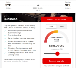 Screenshot of upgrade bid on Qantas from Sydney (SYD) to Santiago (SCL) for $2,115