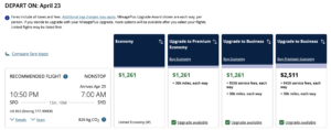 United MileagePlus upgrade award from SFO to SYD. Economy is $1261, upgrade to premium economy costs an additional 30,000 miles, upgrading to business class costs $550 plus 30,000 miles. Upgrading from premium economy (cash fare of $2,511) costs $450 plus 30,000 miles