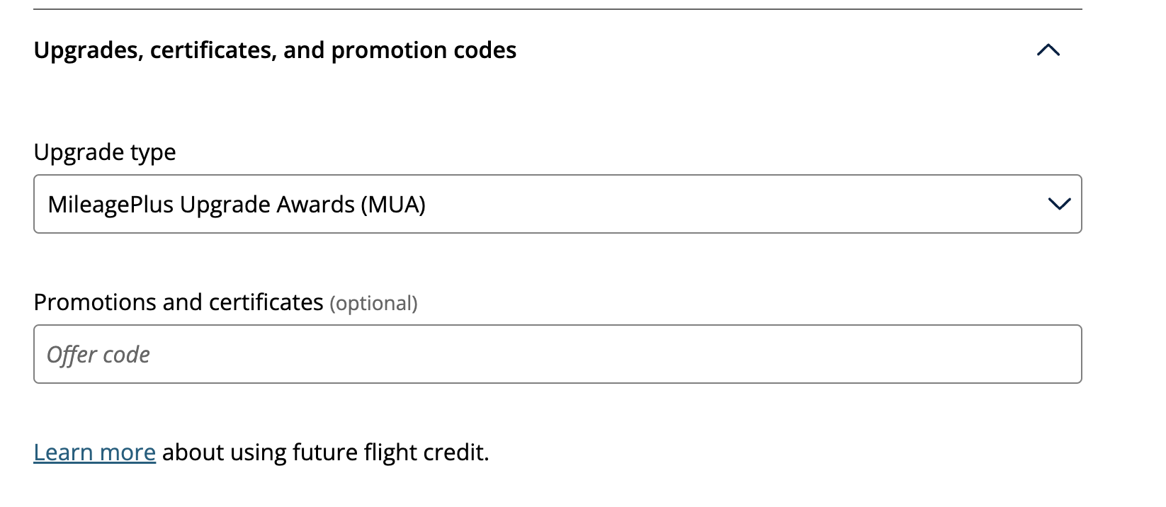 upgrades, certifications, and promotion code section of United's advanced search. from here, we can find a dropdown to select MileagePlus Upgrade awards