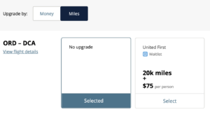 20k + $75 for waitlist upgrade to first class from chicago to dc