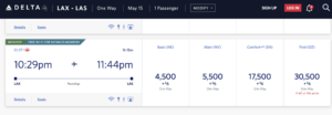 Delta Airlines booking from LAX to LAS. Basic economy starts at 4,500 miles.