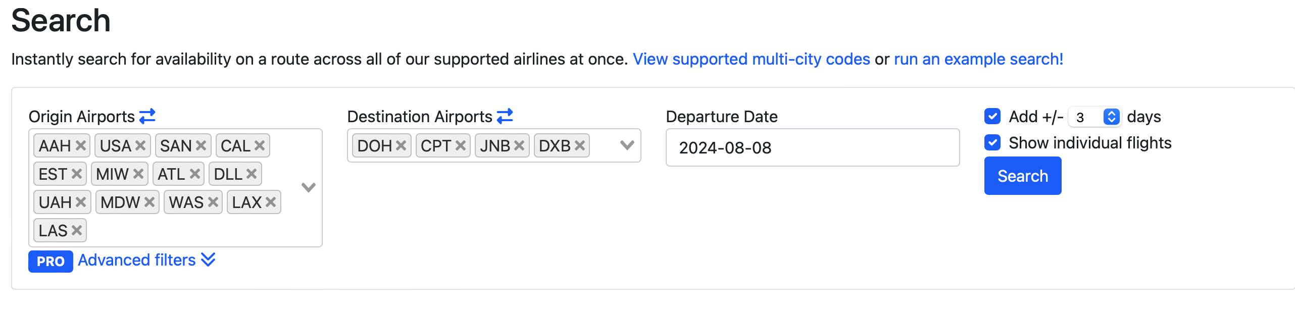 Seats.aero search from 13 origins (each including multiple locations) to 4 destination airports with plus or minus 3 days selected