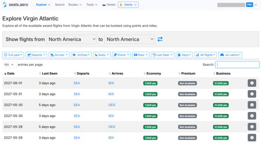 Delta award options bookable through Virgin for 7500 points each way