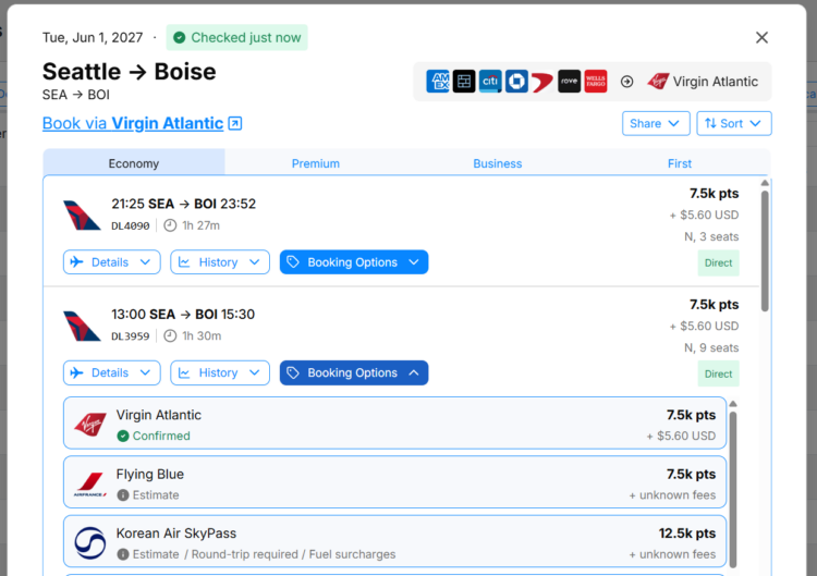 SeatsAero award availability options from Seattle to Boise