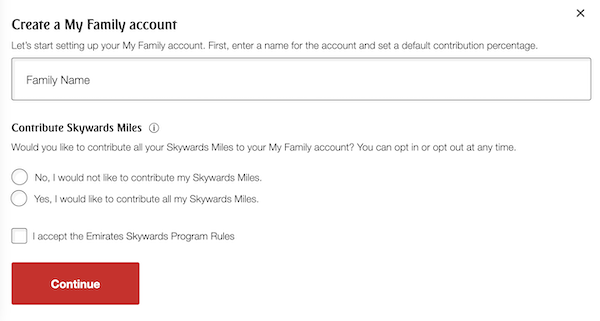 A screenshot of the how to create your My Family account with Skywards.