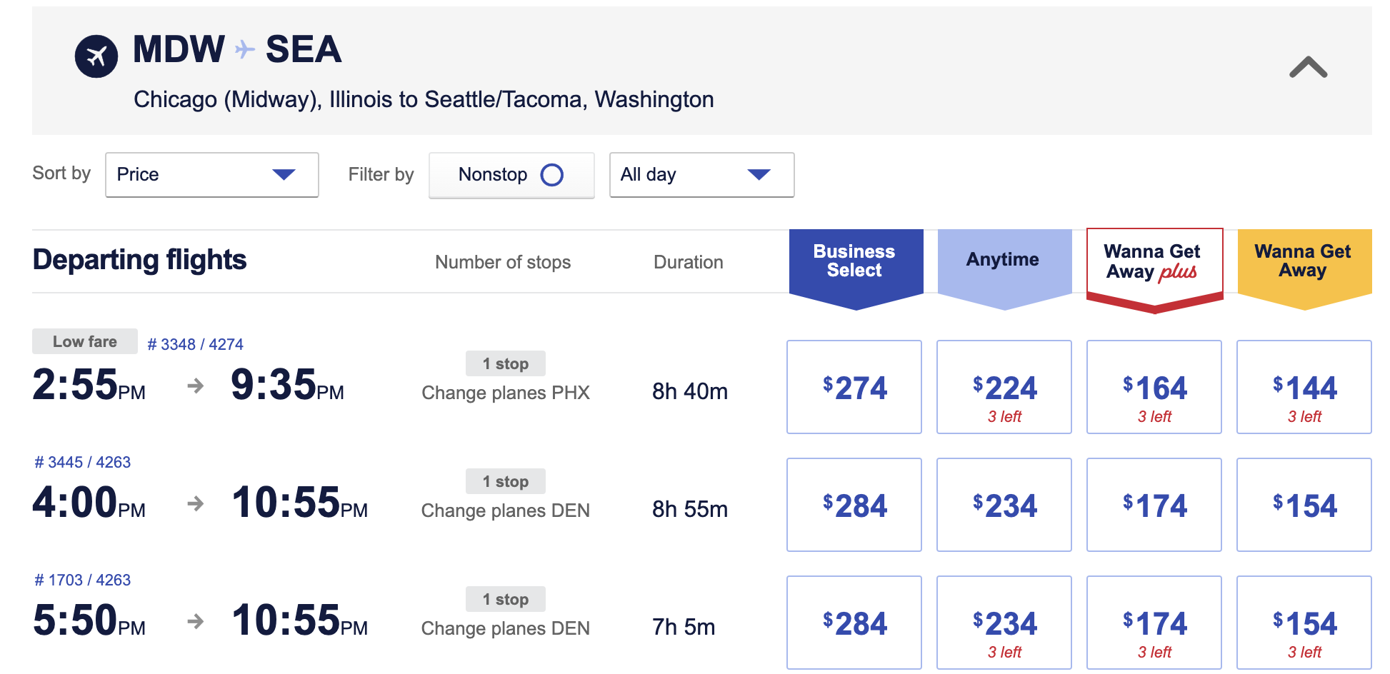 Southwest cash flight costs between MDW and SEA.