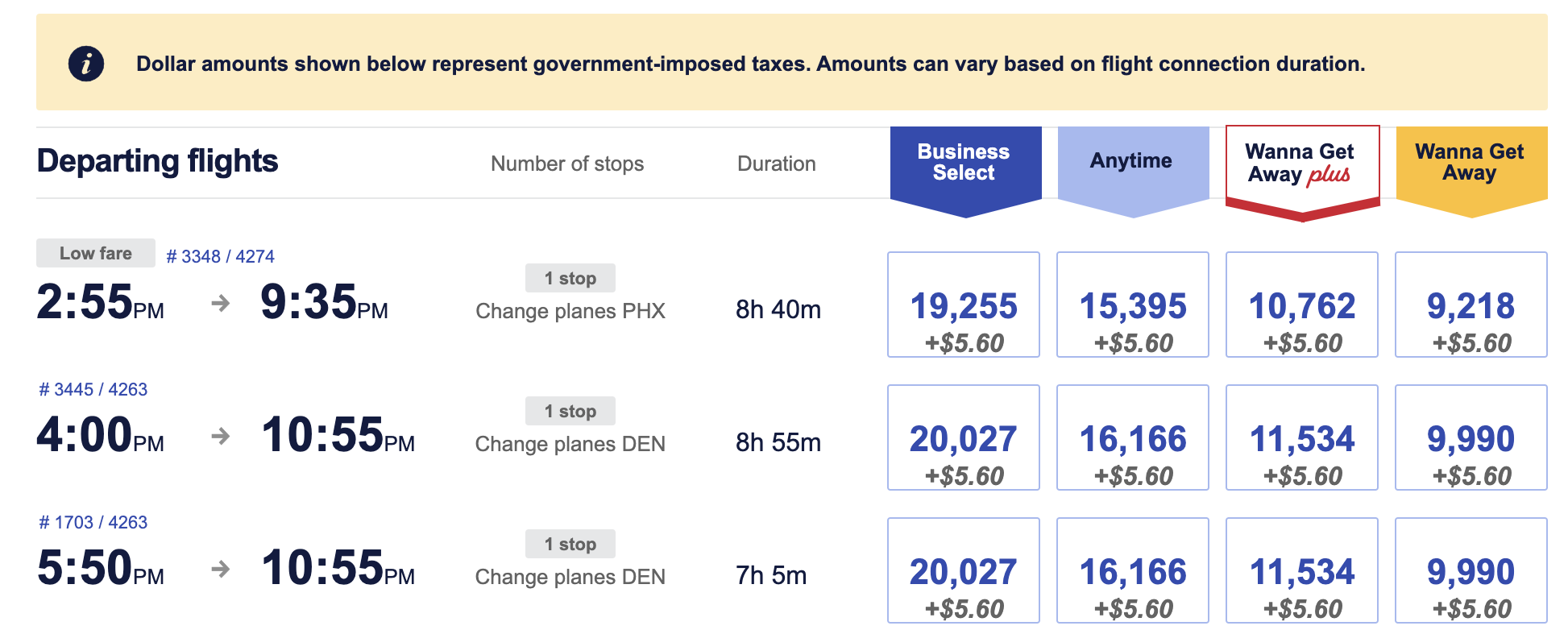 Southwest award flight costs between MDW and SEA.