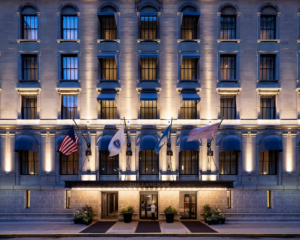 The Langham Boston's front entrance seen at night