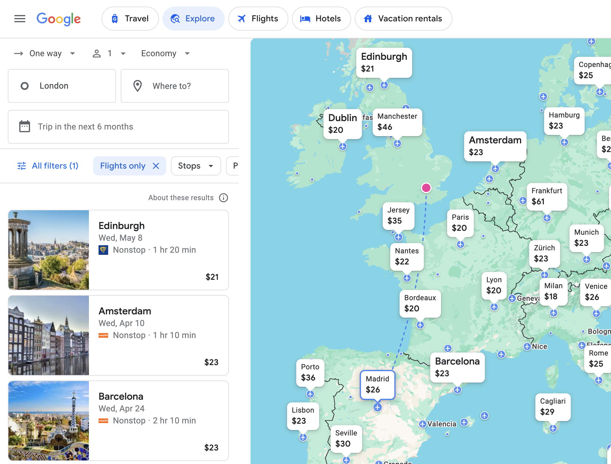 Cheap flights out of London via Google Flights