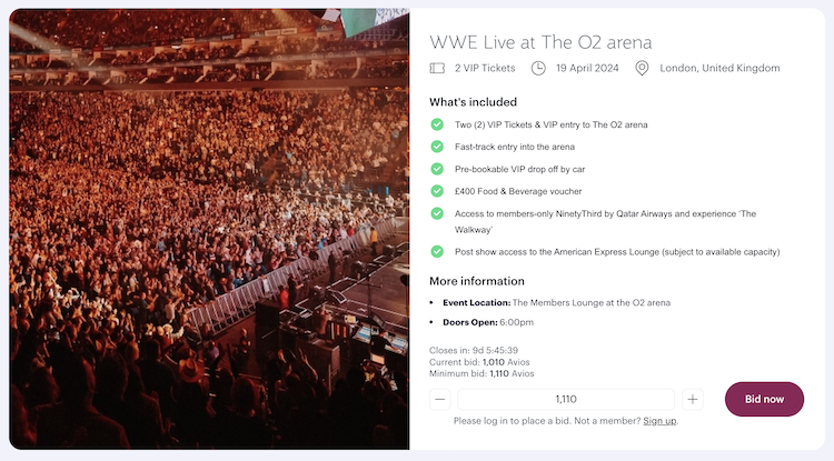 Bidding form for WWE Live at The O2 Arena London bid with Qatar Avios