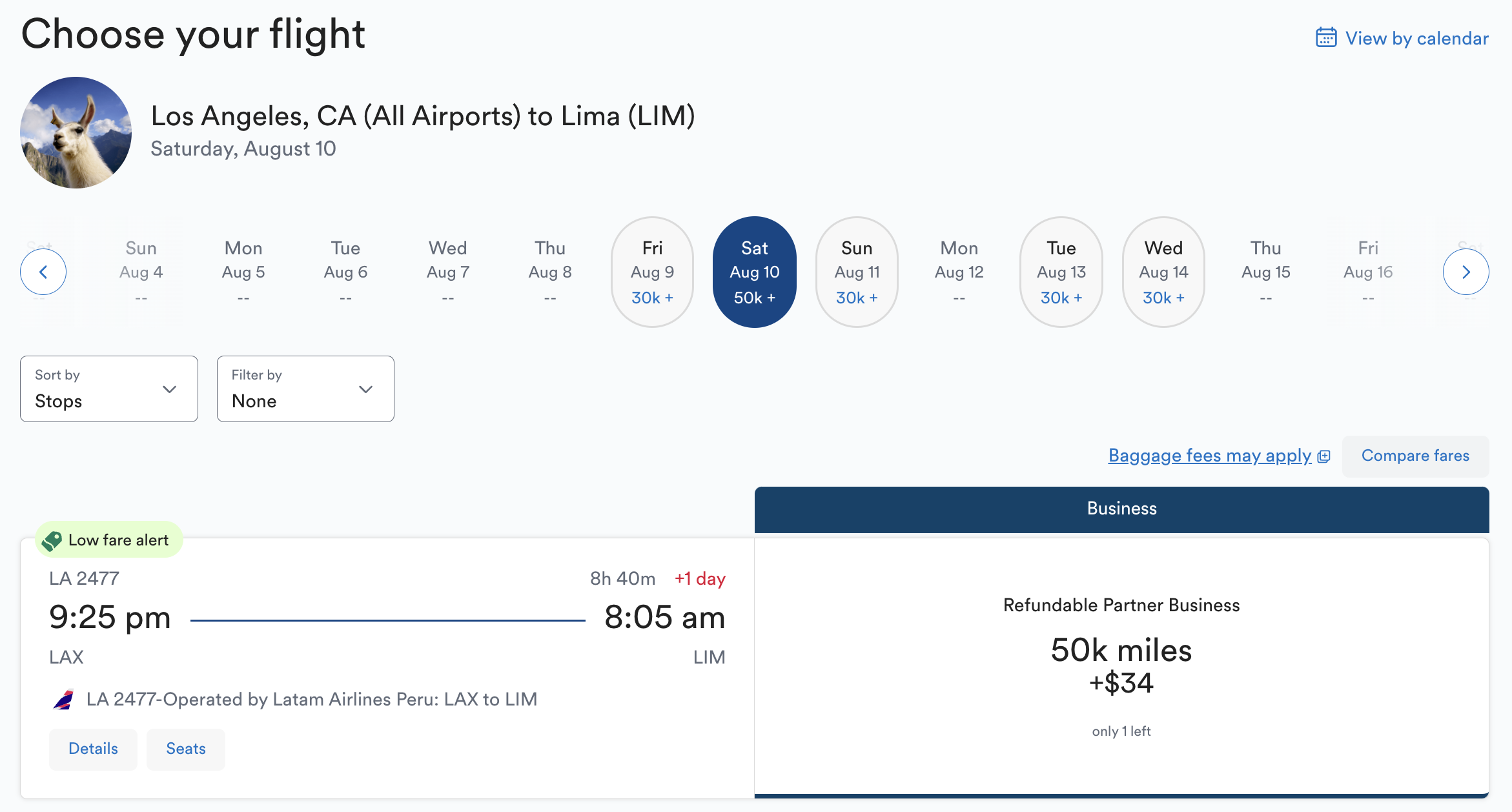 LATAM award from LAX to LIM bookable through Alaska Mileage Plan