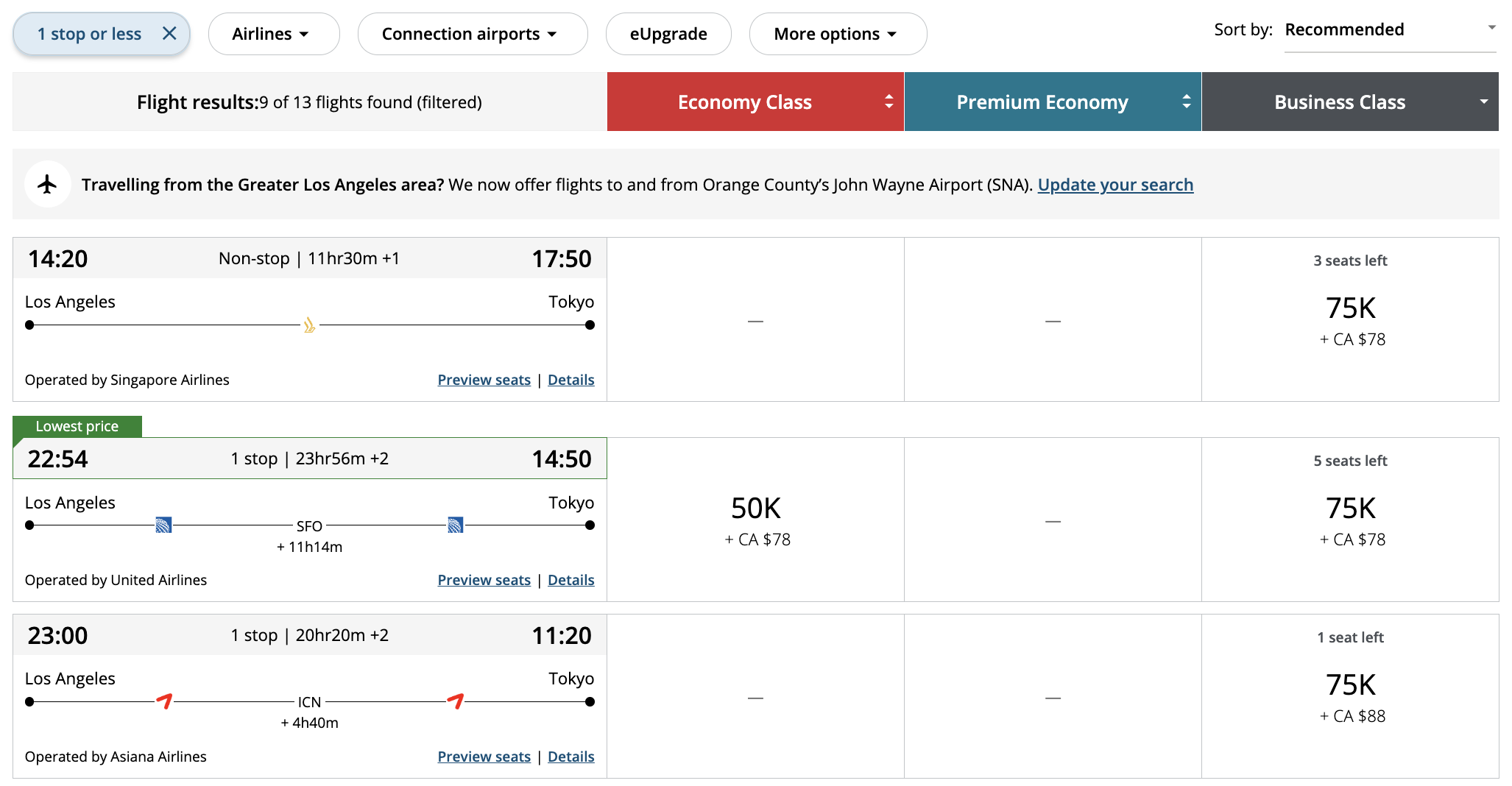 Aeroplan awards from LAX to Tokyo