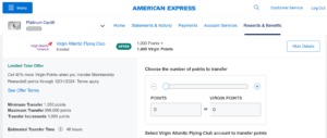 Screenshot of American Express Membership Rewards page showing 40% transfer bonus to Virgin Atlantic Flying Club