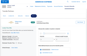 Screenshot showing Amex Membership Rewards points 20% transfer bonus to Etihad Guest miles