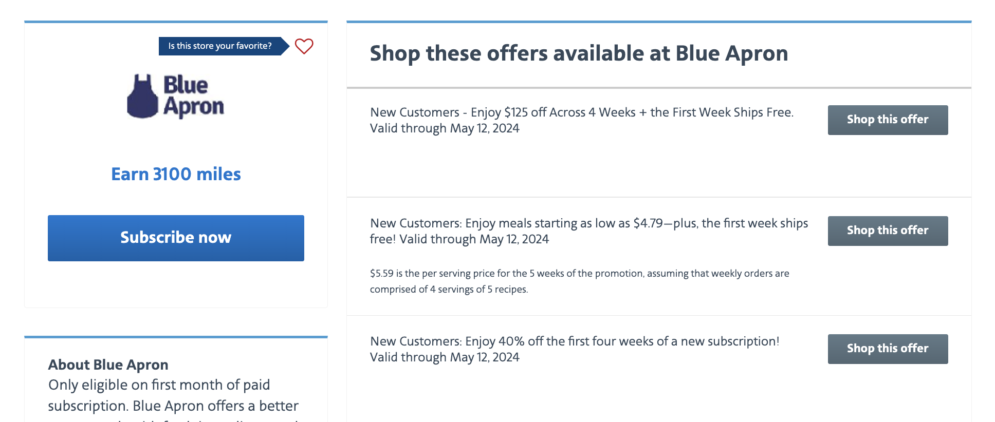 Blue Apron offers through AA shopping portal.