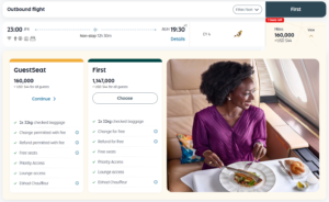 Screenshot showing Etihad Guest award pricing from New York to Abu Dhabi in Etihad first class