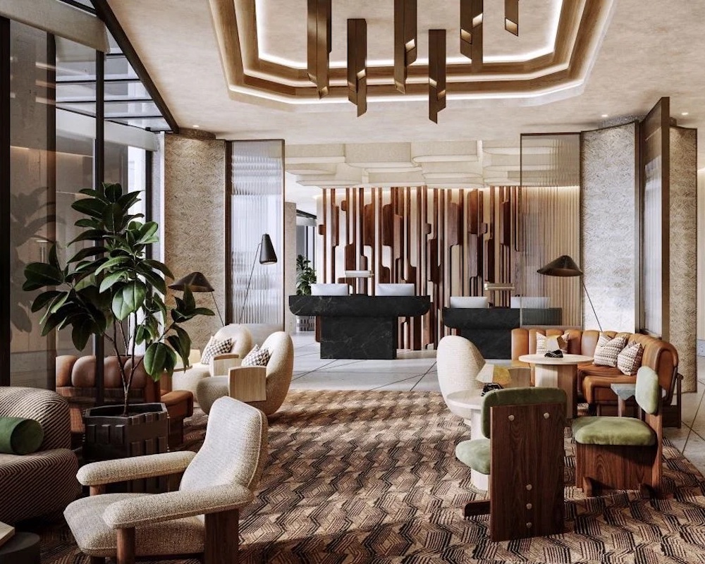 the lobby of a fancy hotel with lots of sunlight coming in