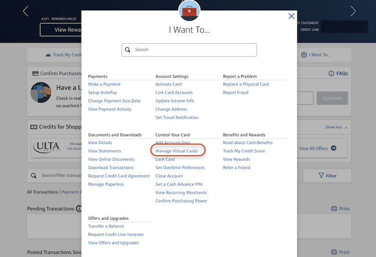 A screenshot of the menu of options when you click on "I Want To" on the right side of your Capital One credit card account screen.