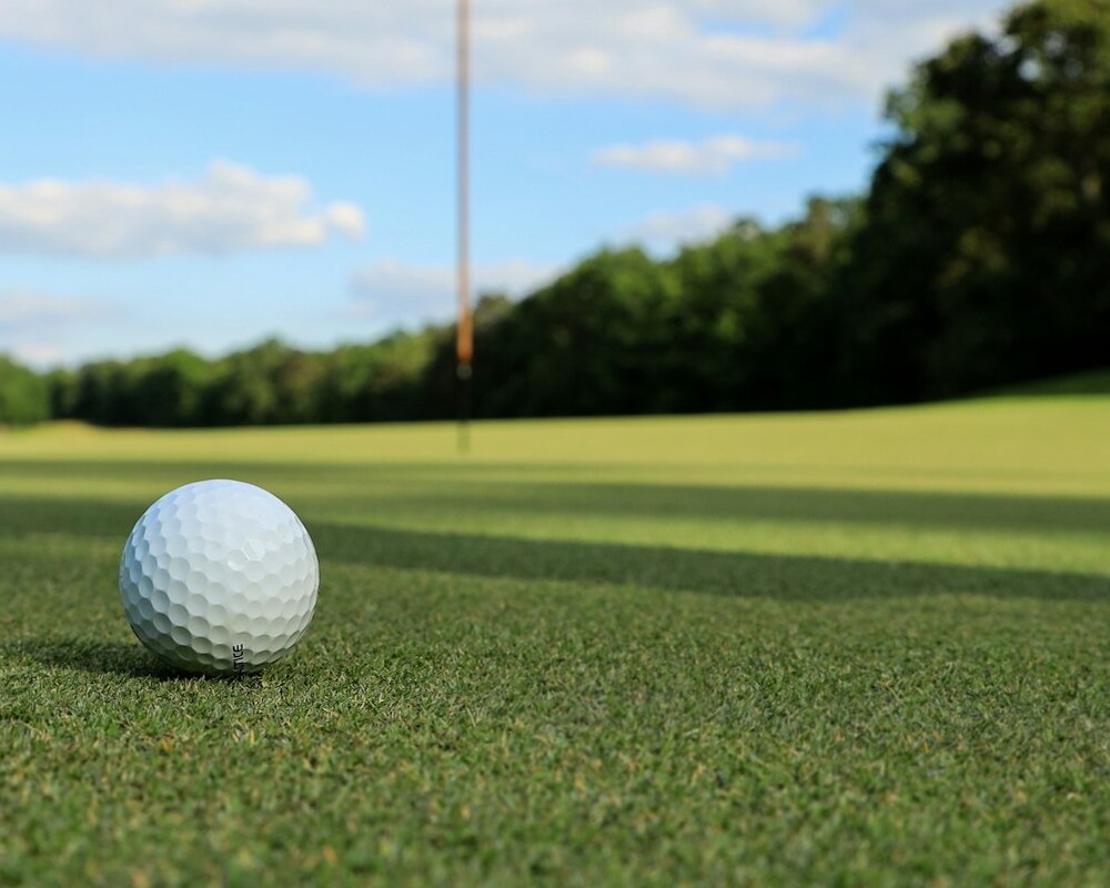 Golf ball sitting on putting green.