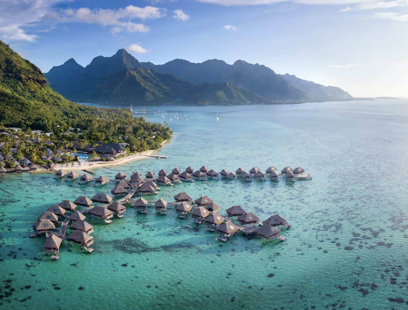 Aerial view of the bungalows at Hilton Moorea Lagoon Resort and Spa