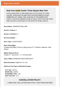 Displaying the cancellation policy for the Hyatt Centic New York, cancel by 11:59pm 1 day before arrival
