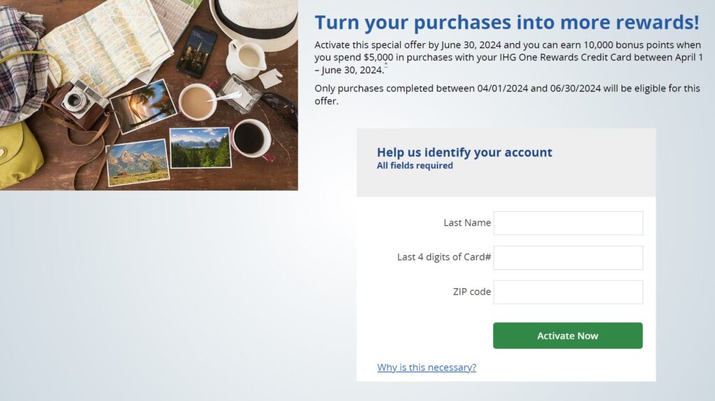 IHG Card 10,000 Points Promotion enrollment page