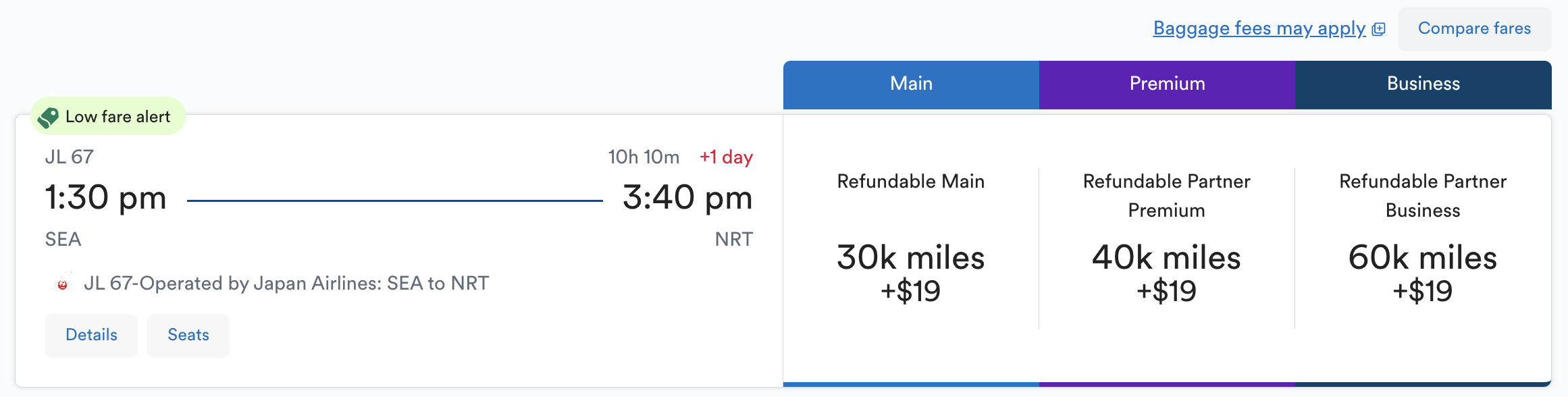 SEA to NRT award bookable through Mileage Plan.