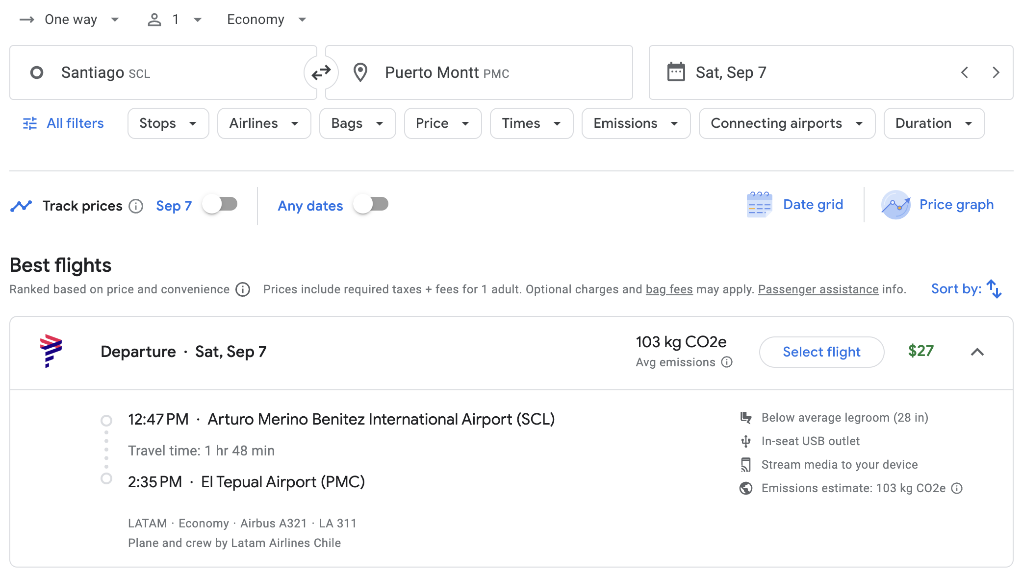 Google flights results for SCL to PMC.