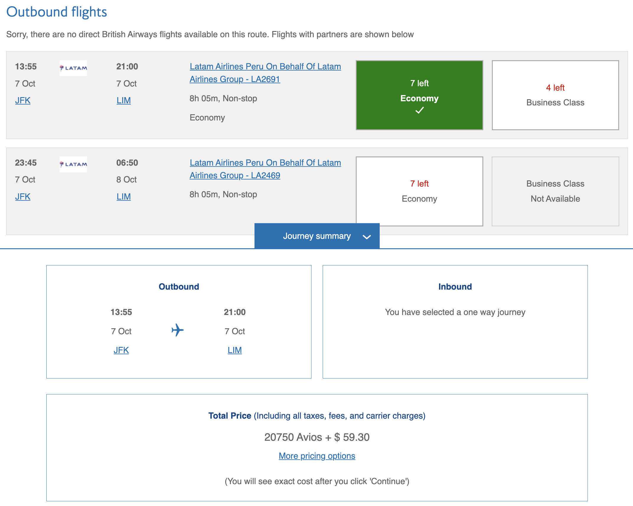 LATAM award from JFK to LIM bookable through British Airways Executive Club.