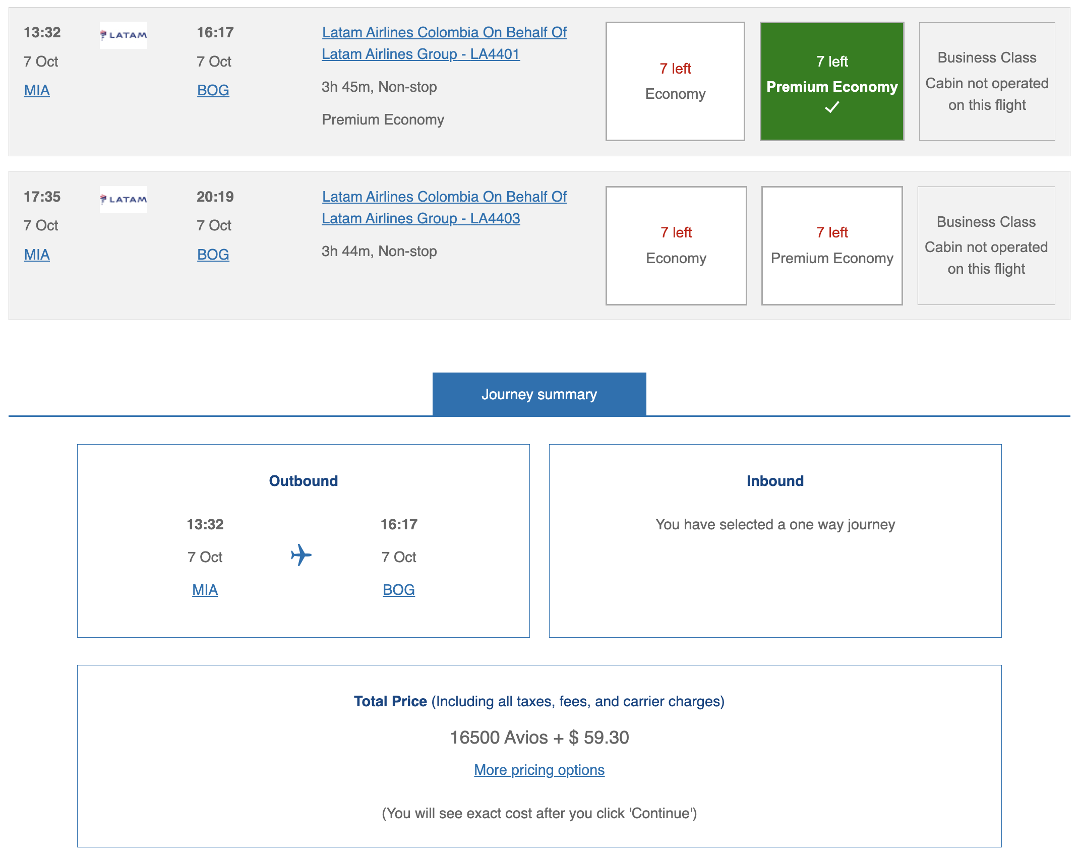 LATAM award from MIA to BOG bookable through British Airways Executive Club.