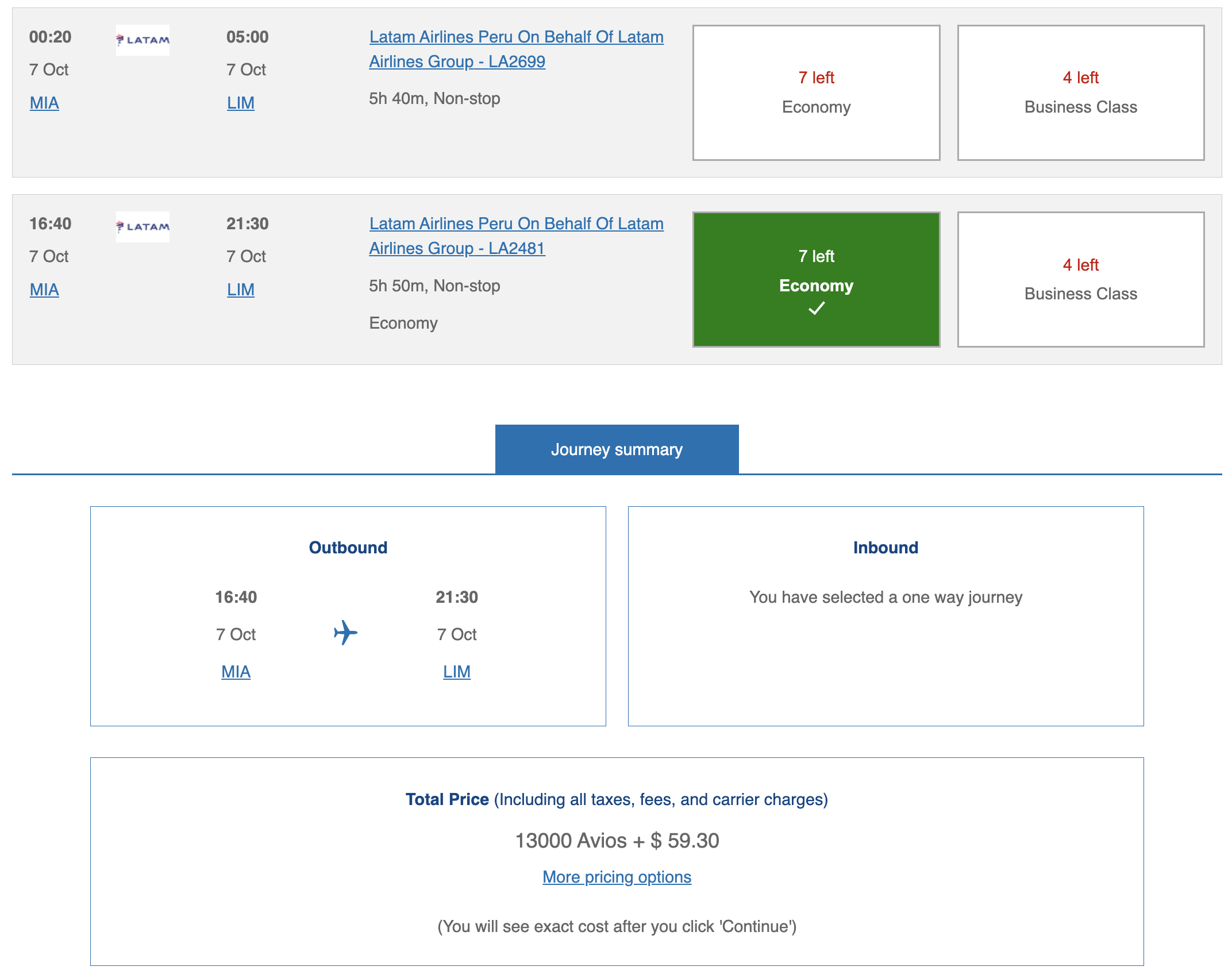 LATAM award from MIA to LIM bookable through British Airways Executive Club.