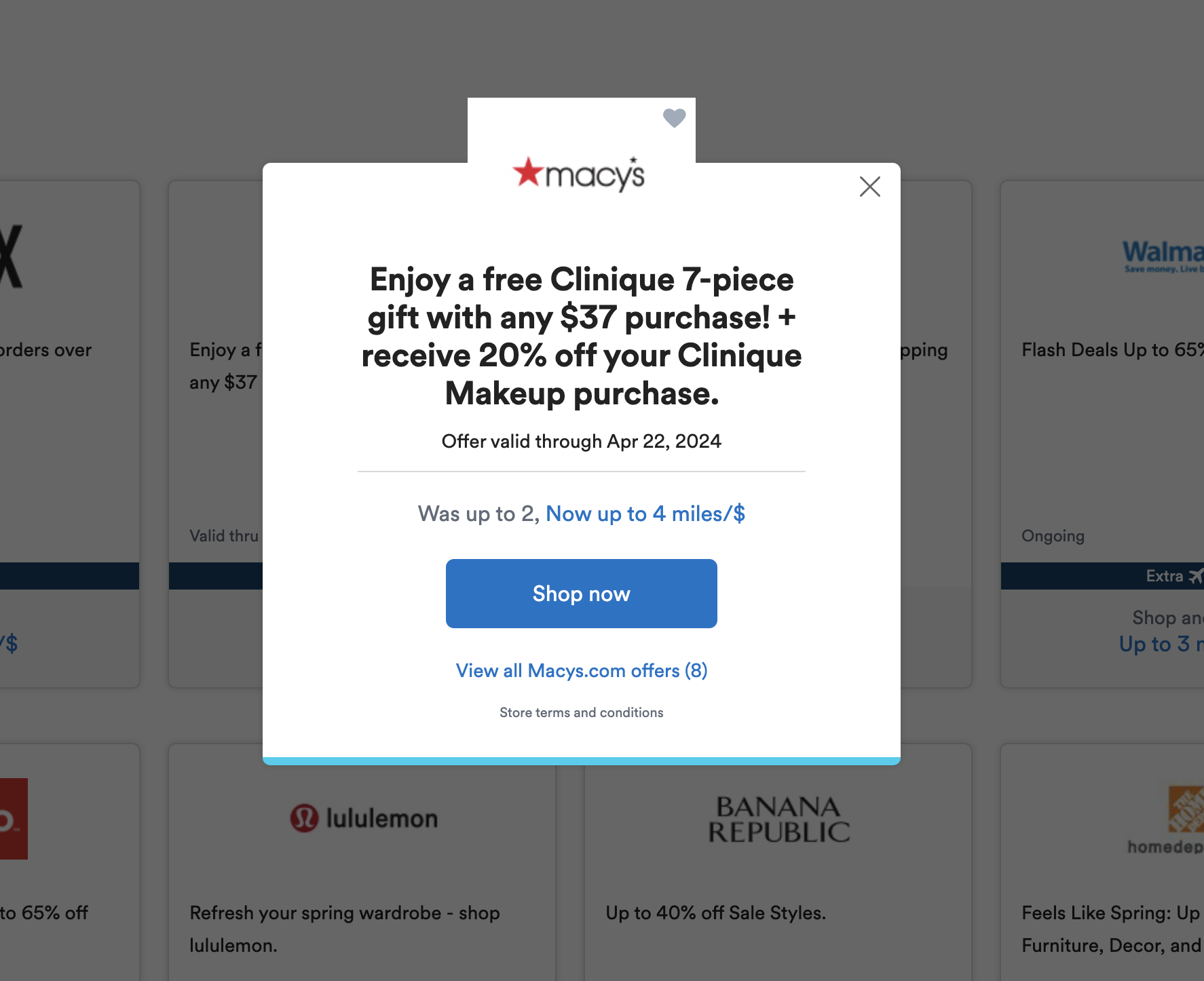Mileage Plan Shopping popup indicating multiple offers for Macys.