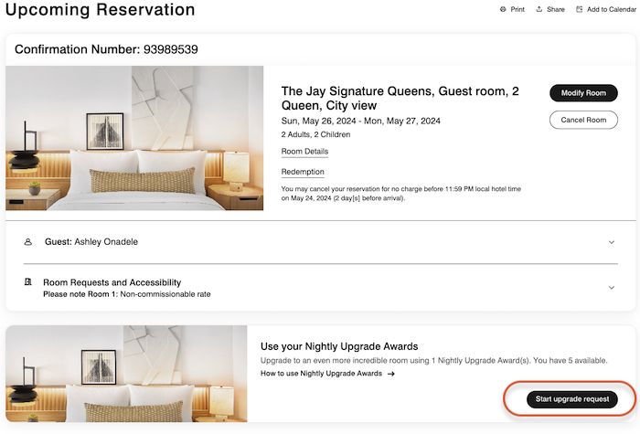 A screenshot showing the reservation with the button to start an upgrade request highlighted in a red box.