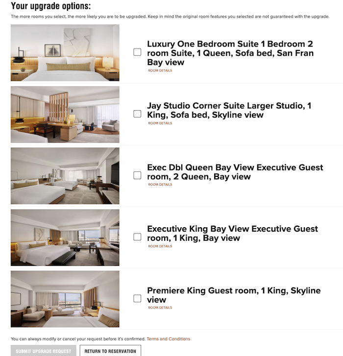 A screenshot showing the available rooms to upgrade to from this reservation.