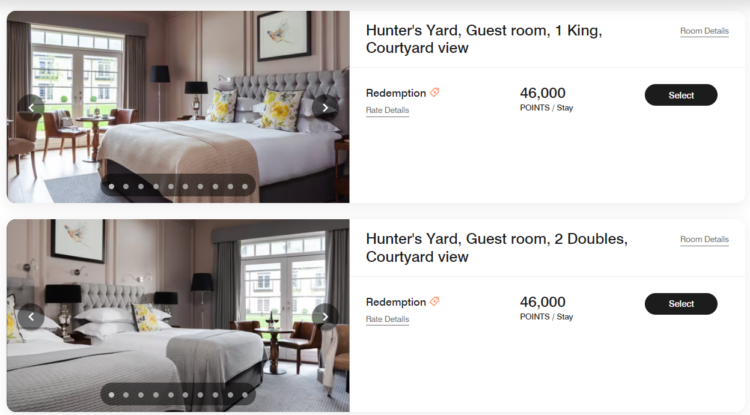 Screenshot of the booking screen showing room choices available at Mount Juliet
