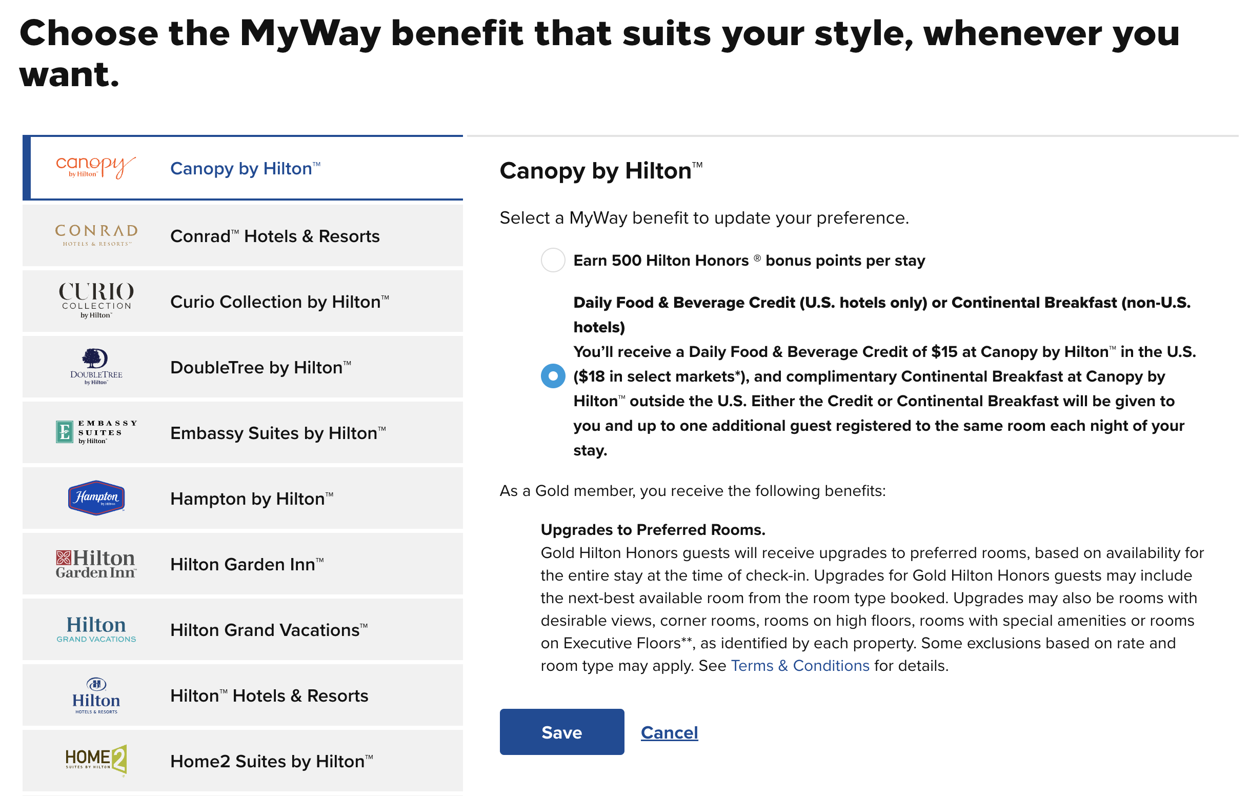 Hilton MyWay Benefits selection.