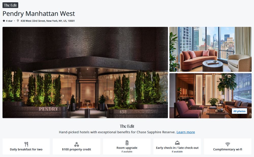 Screen shot of the Chase Travel website displaying a hotel listing for Pendry Manhattan West and the benefits of booking through The Edit.