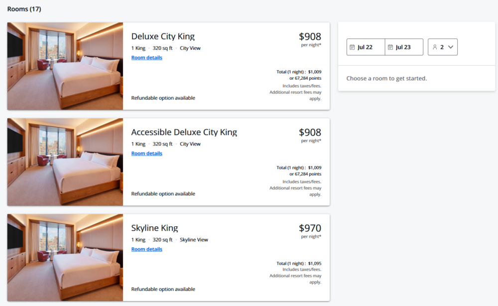 Screen shot of Chase Travel website showing room prices in both points and cash.