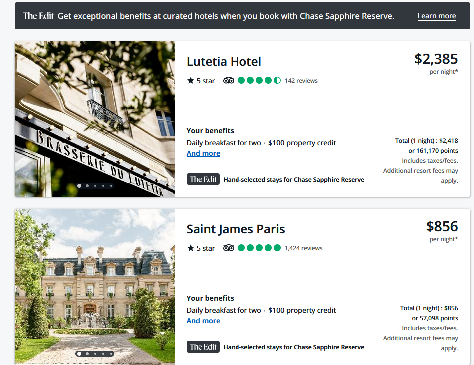 Screen shot of Chase Travel website showing two booking options for hotels in Paris.