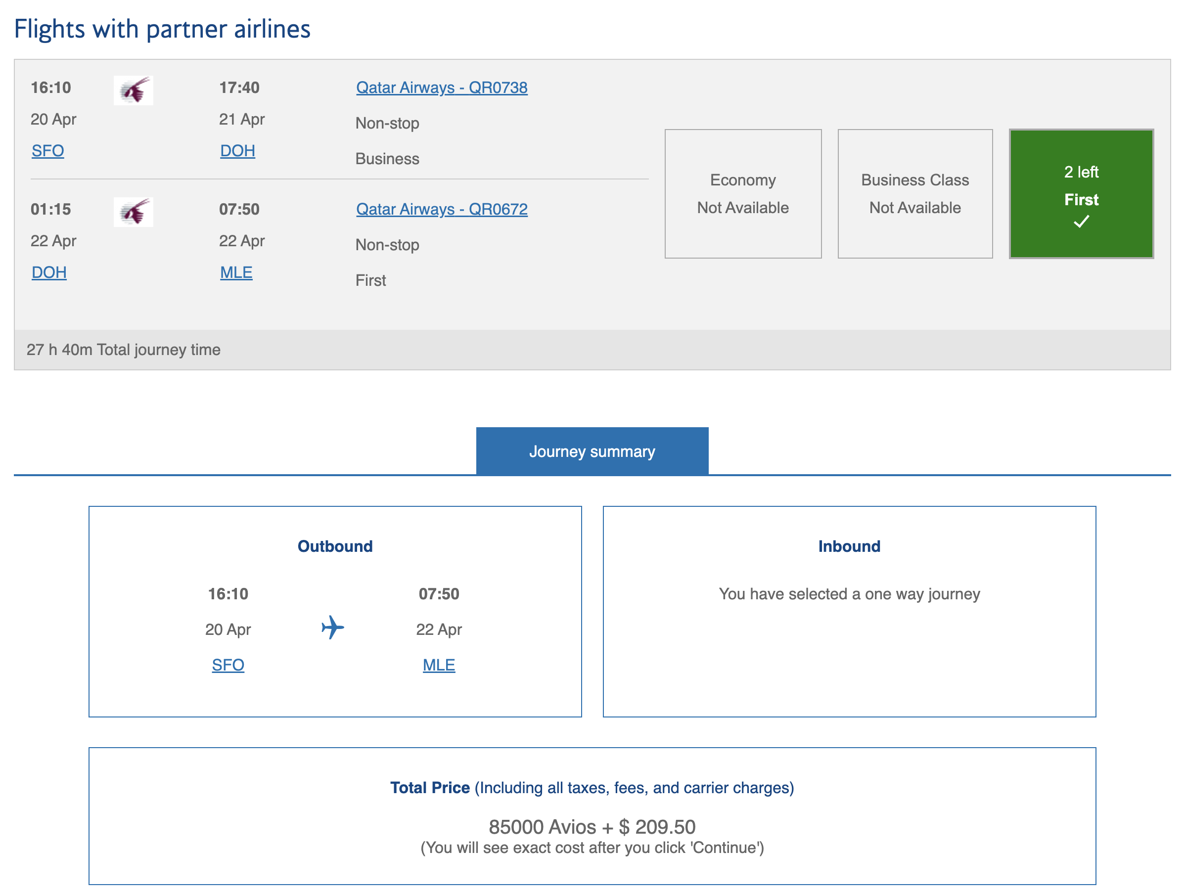 SFO to MLE via DOH for 80K Avios in Qatar business class.
