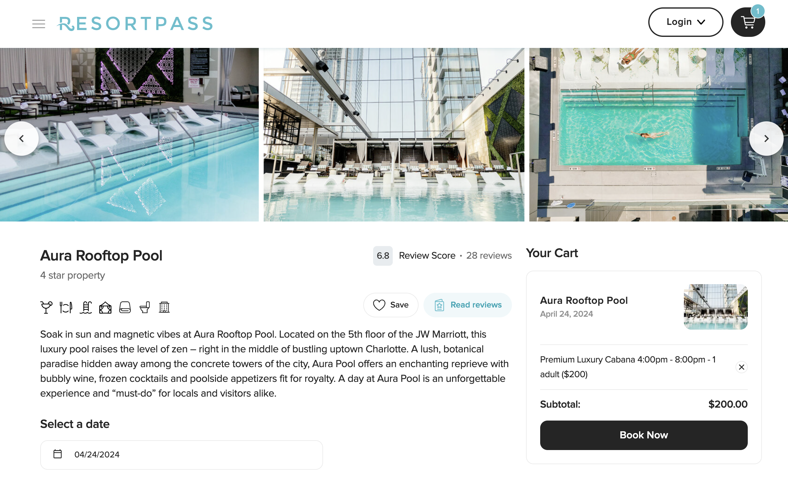 ResortPass offering for the Aura rooftop pool.