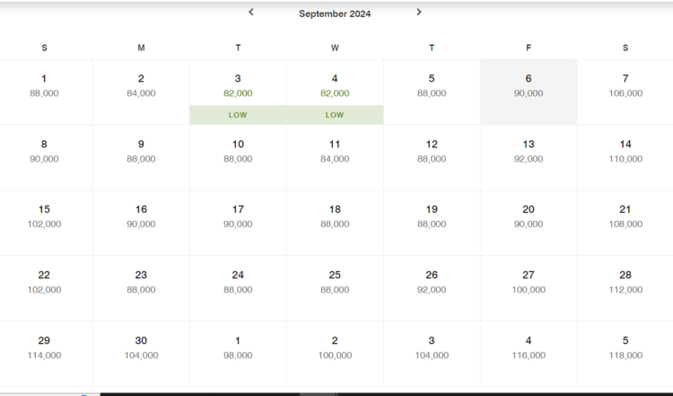 Screen shot of Ritz Carlton Kyoto's Calendar of awards for September 2024