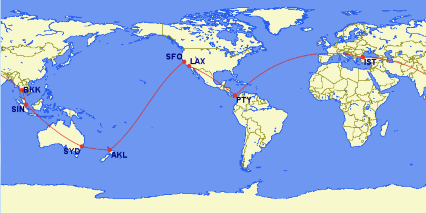 RTW Interary: lax-pty-ist-bkk-sin-syd-akl-sfo