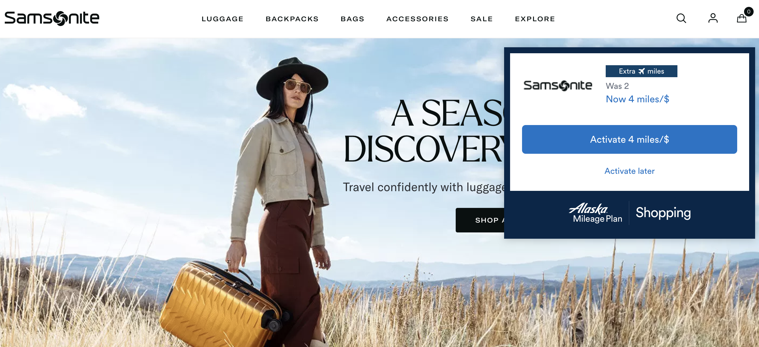 Mileage Plan Shopping offer for Samsonite.