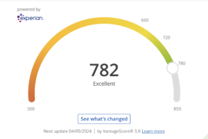 screenshot of a 782 credit score on Chase's website