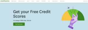 screenshot of the credit karma website showing the words "get your free credit scores" and showing a purple hand snapping in front of a yellow, light green, and dark green pie chart
