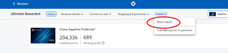 Screen shot of the Chase Ultimate Rewards website showing how to access the travel portal.