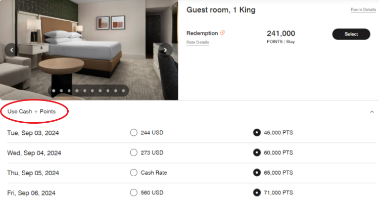 Cash +Points booking options for a multi-day stay at the Sheraton Grand Nashville.